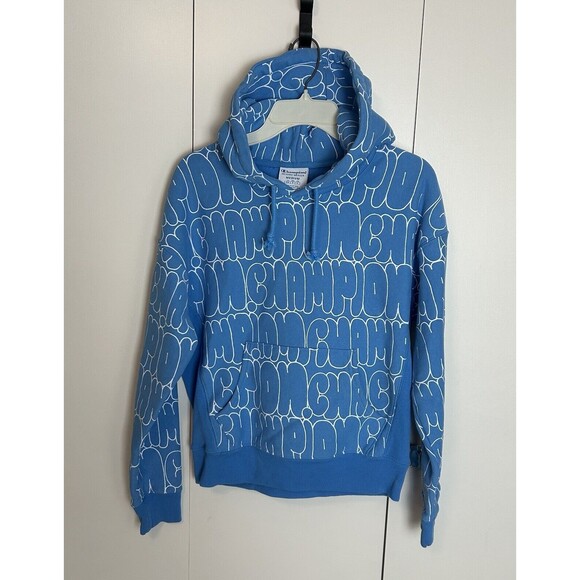 Champion Reverse Weave Hoodie Womens Sz M Blue Bubble Letter All Over Logo Y2K - Picture 1 of 8